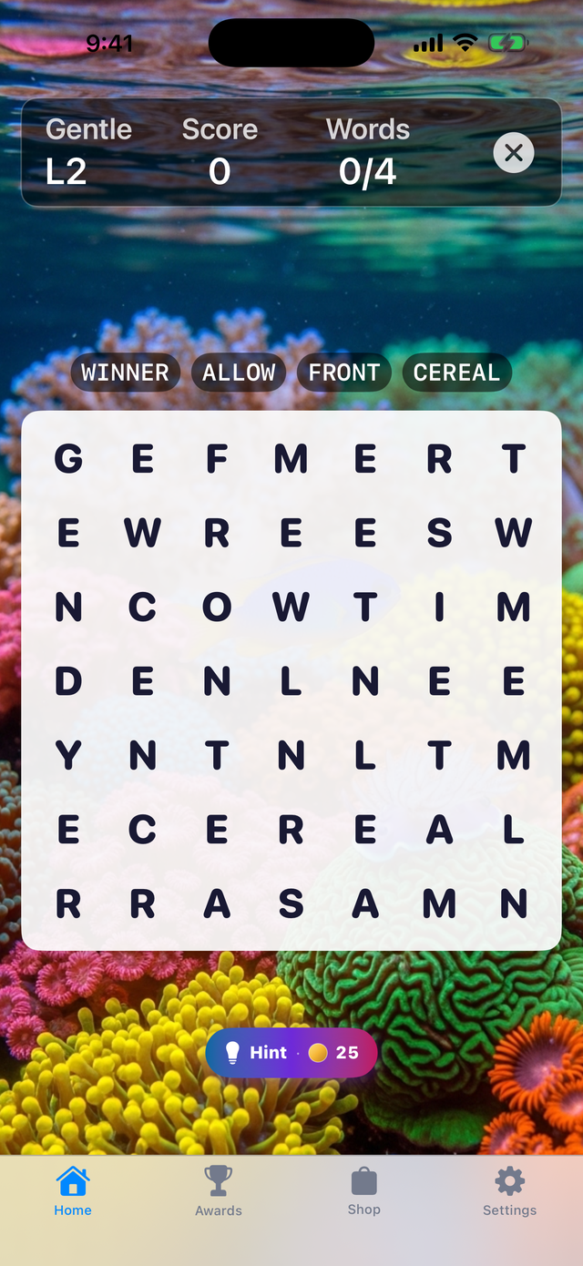 WordAmazing — coral reef gameplay backdrop with letter grid