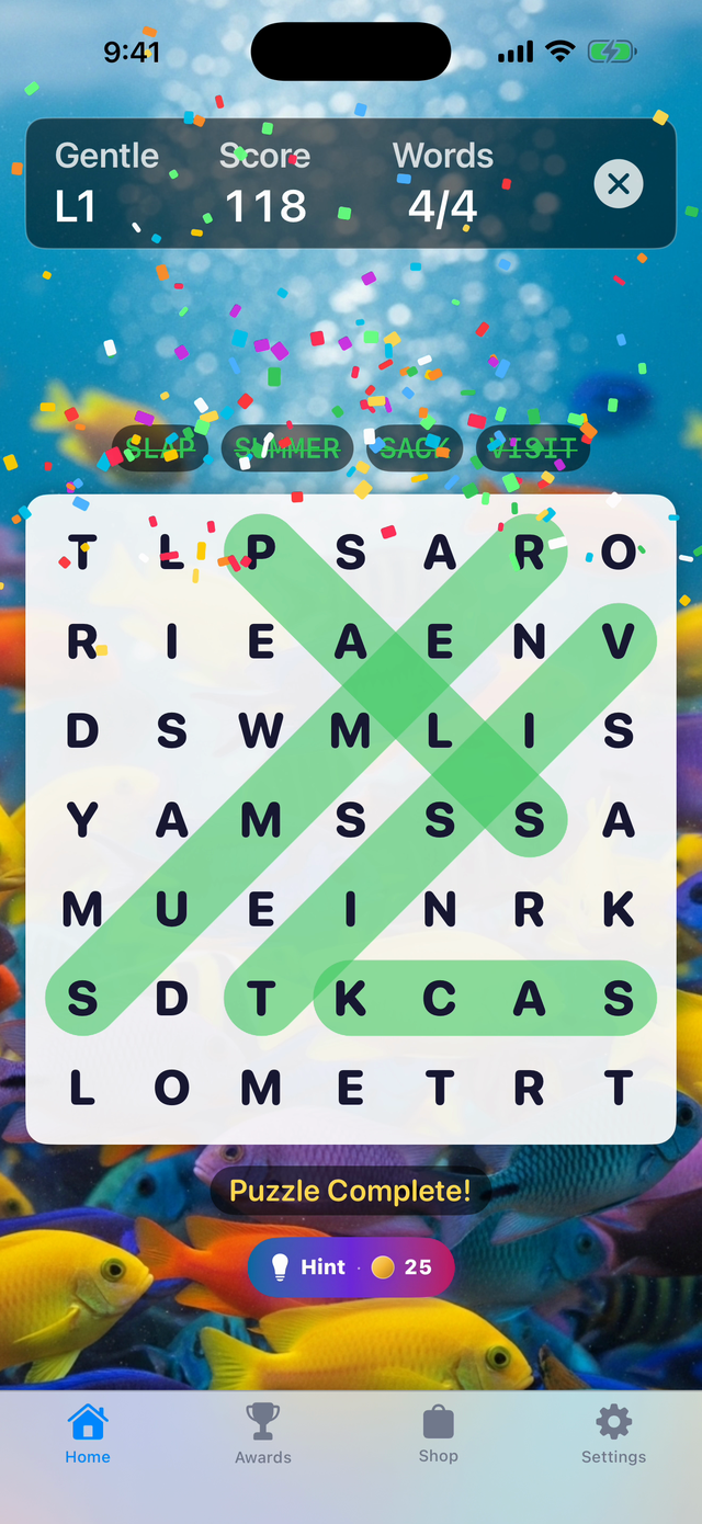 WordAmazing — puzzle complete celebration with confetti
