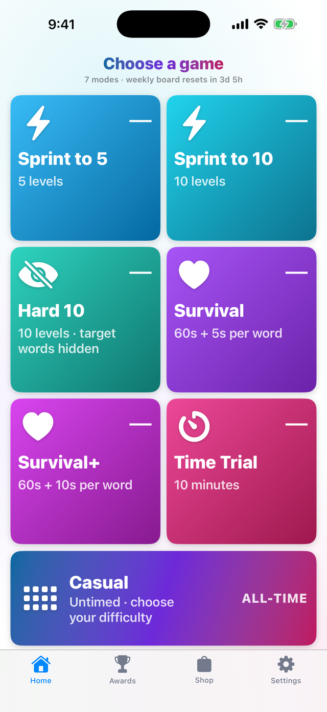 WordAmazing — challenge hub with seven game modes