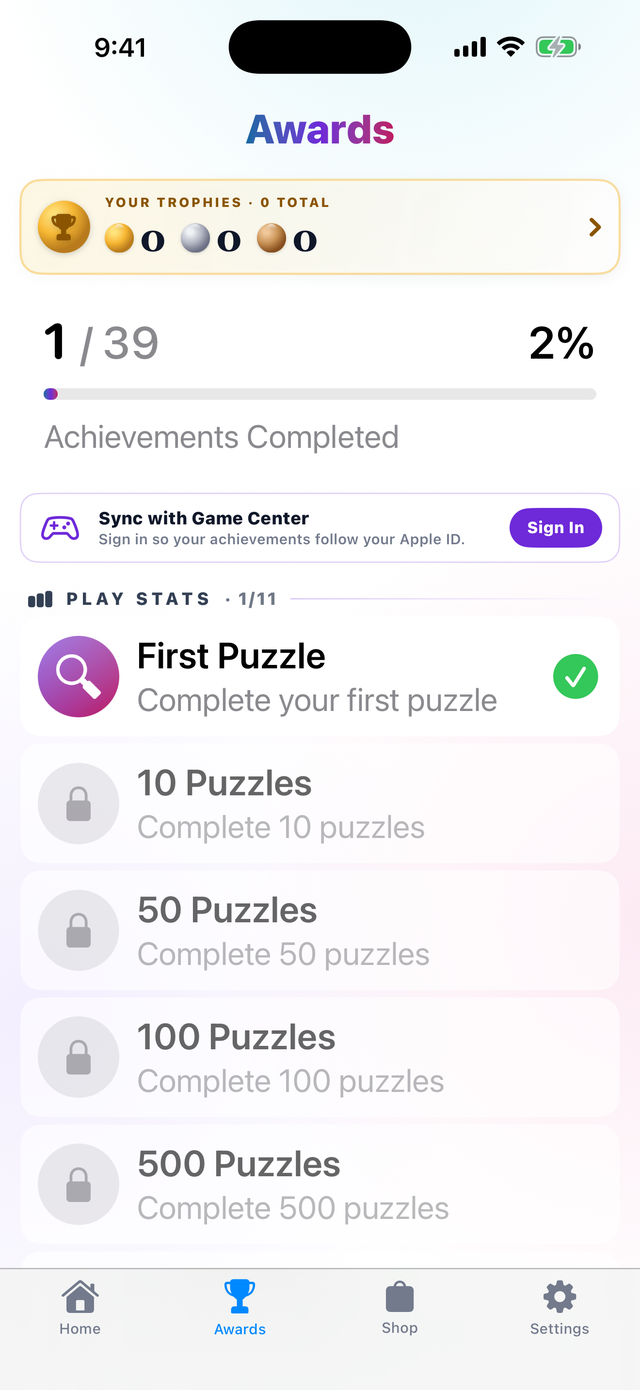 WordAmazing — achievements and awards trophy case